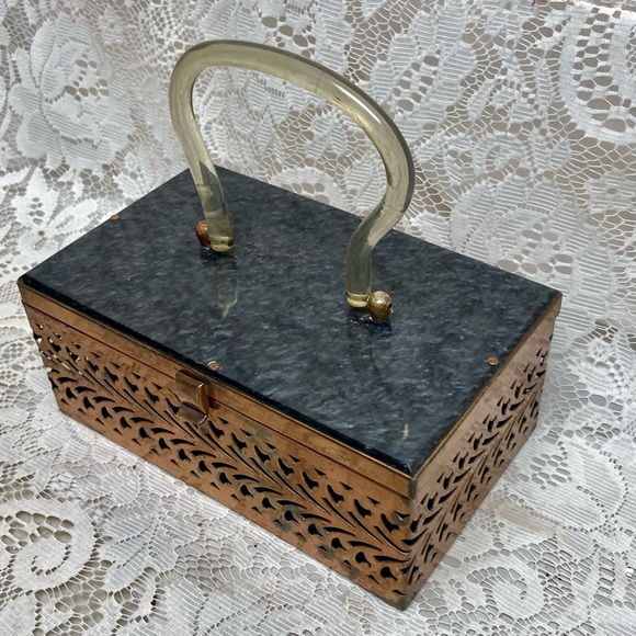 Vintage, Pierced Copper Tone Metal and Gray Lucite Boxy Purse- 8in x4.5 x 3.5in - Picture 5 of 12